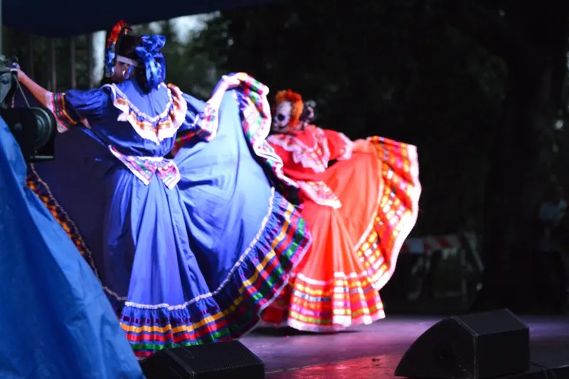 Ballet Folklórico Mi Herencia performing traditional Mexican folk dance on stage in Los Angeles area